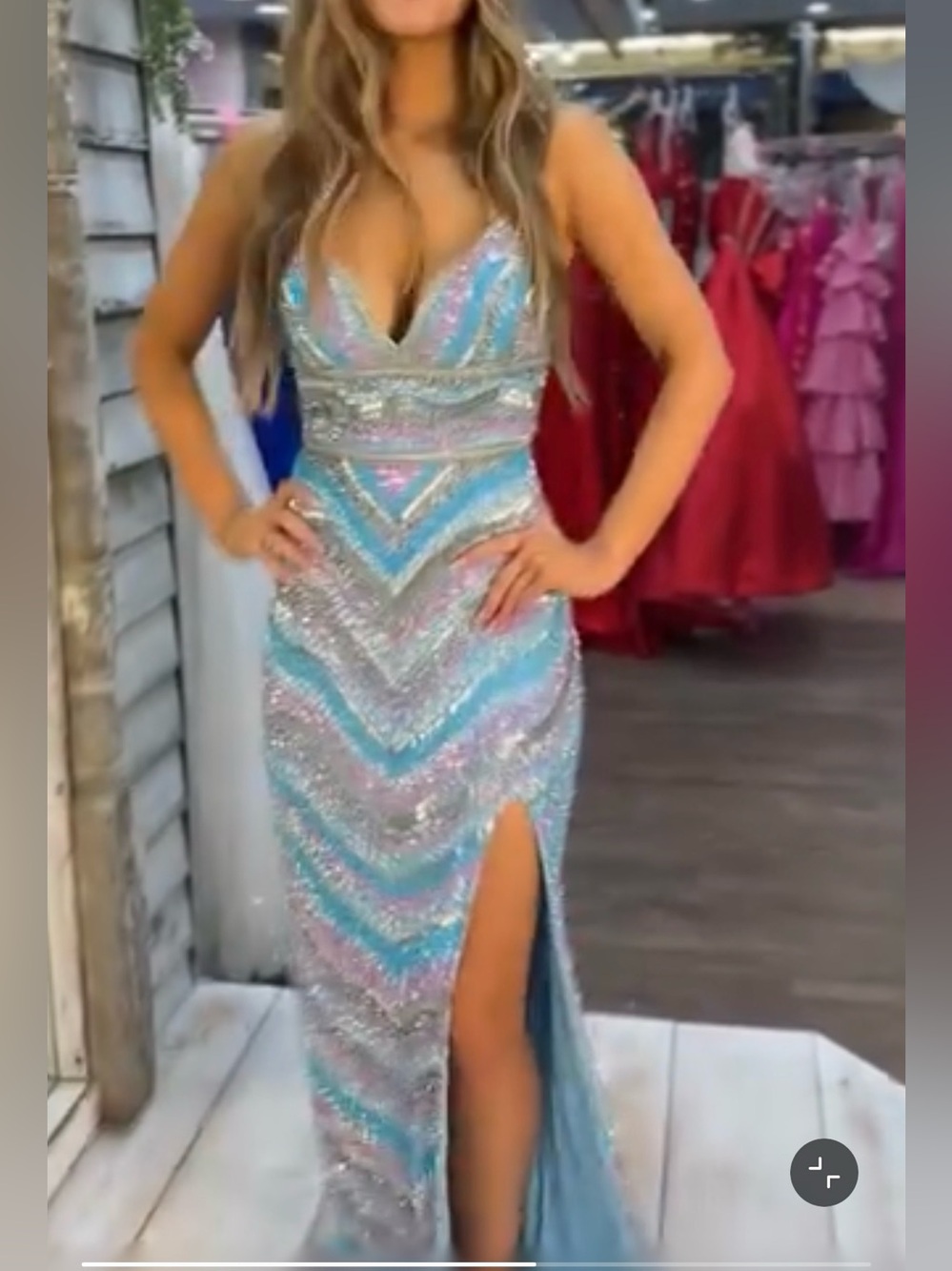 Jovani Blue and Pink Sequin Chevron Maxi Dress